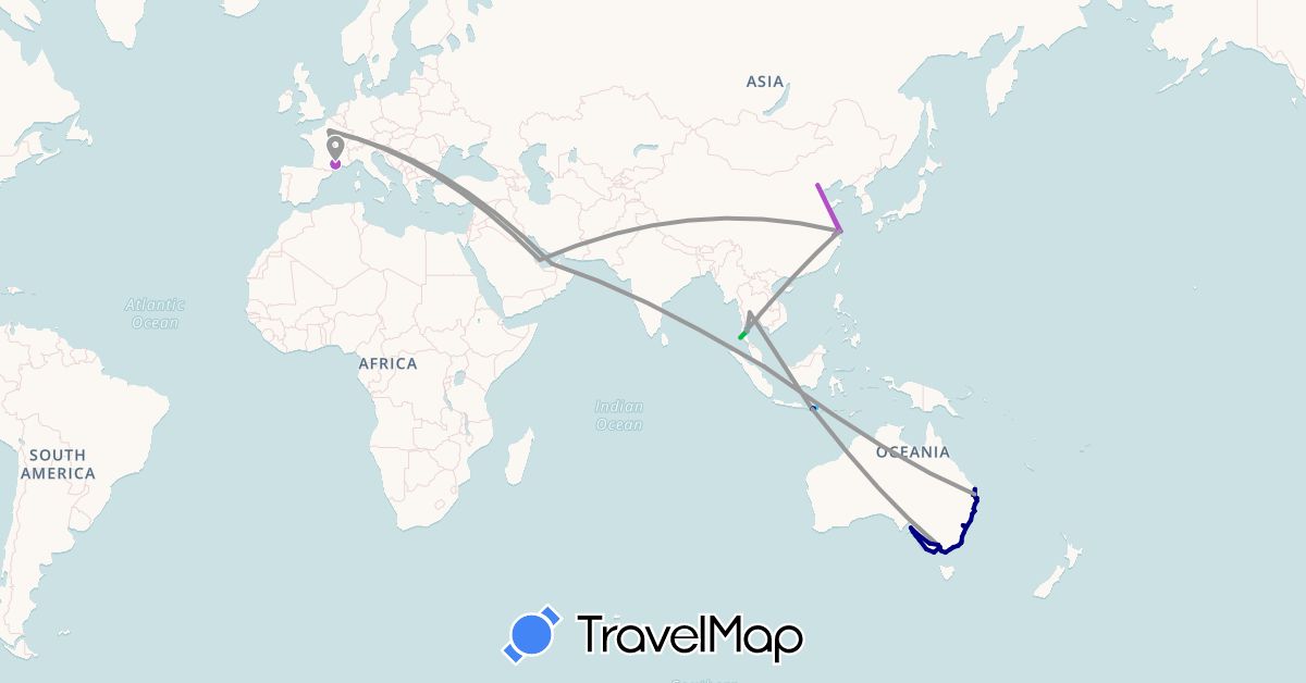 TravelMap itinerary: driving, bus, plane, train, boat in United Arab Emirates, Australia, China, France, Indonesia, Qatar, Singapore, Thailand (Asia, Europe, Oceania)